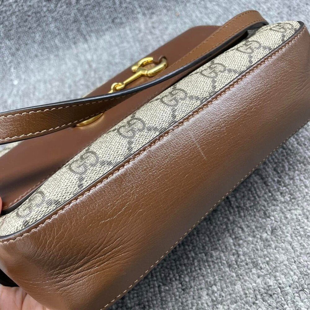 100% Authentic GUCCI Horsebit 1955 Brown Canvas Shoulder Bag - Picture 5 of 14